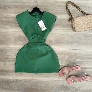 ZARA SHOULDER PAD CREPE MINI DRESS GREEN